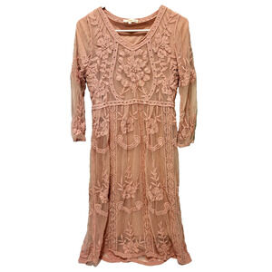 Orange Creek Peach Lace Overlay Lined Embroidered Midi Dress Long Sleeves S/M